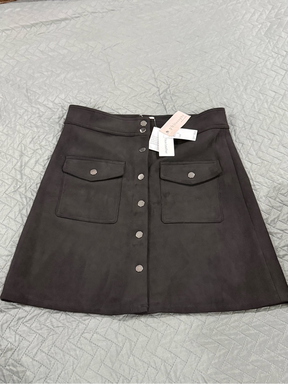 Philosophy Black Mini A-Line Button Skirt with Front Flap Pockets